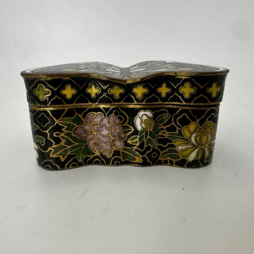 Cloisonné Enamel On Brass Butterfly Shape Trinket Pill Box Multi Color‎ Vintage